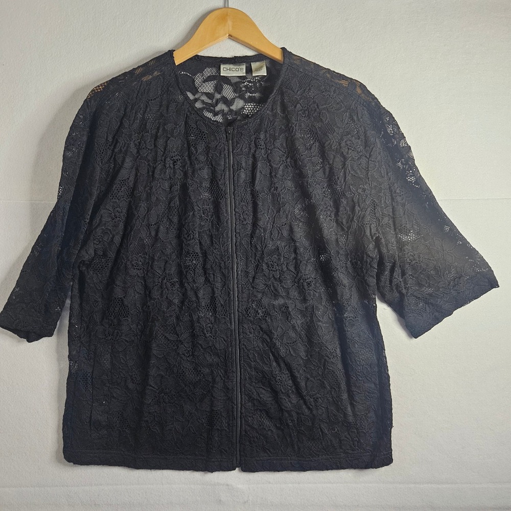 Chicos Black Floral Lace Full Zip Jacket Sheer Elbow Sleeve Size 2 Large